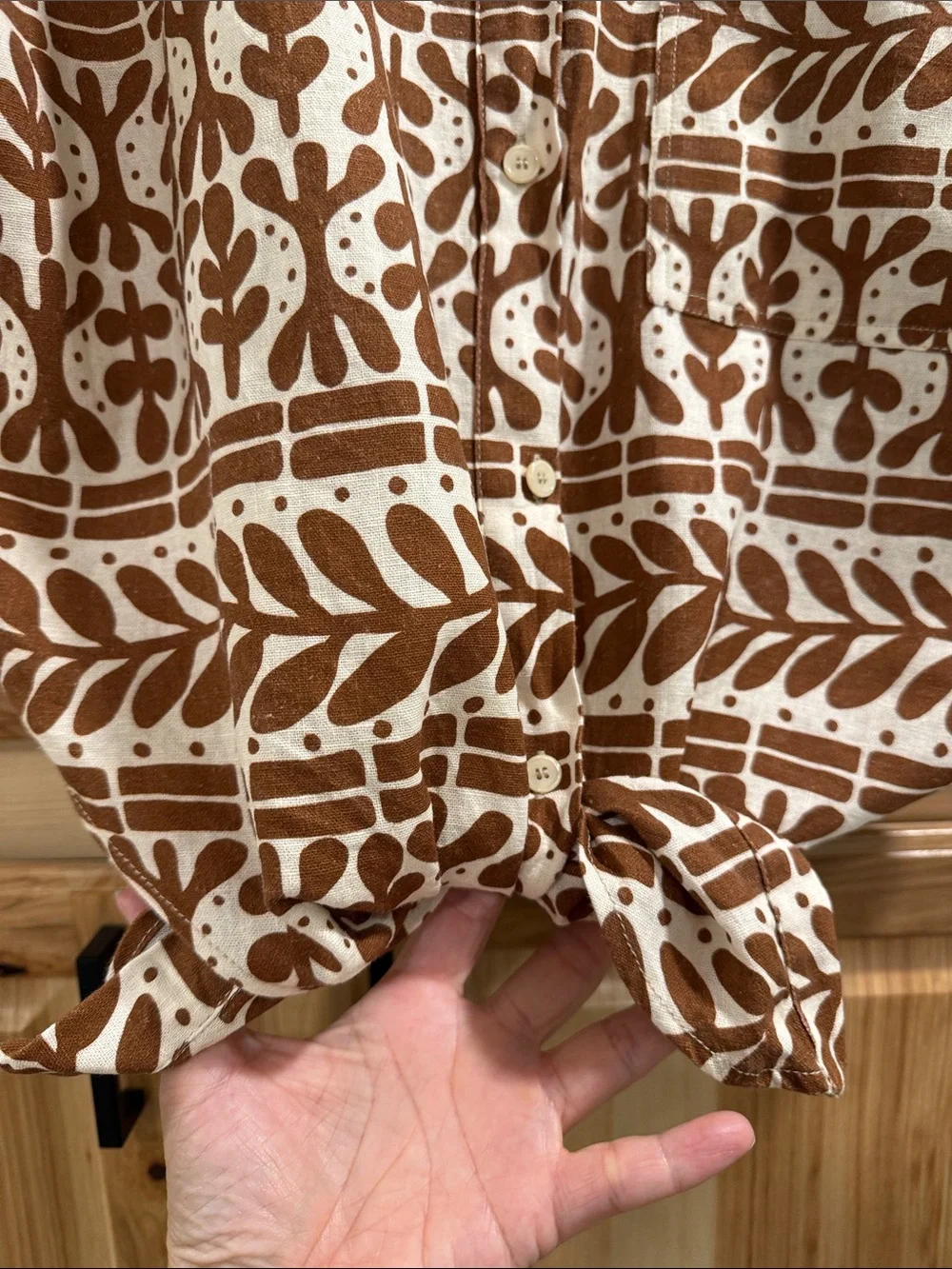 ZARA Aztec Sz L Brown Printed Linen Blend Short-Sleeve Button-Down Tie Waist Top